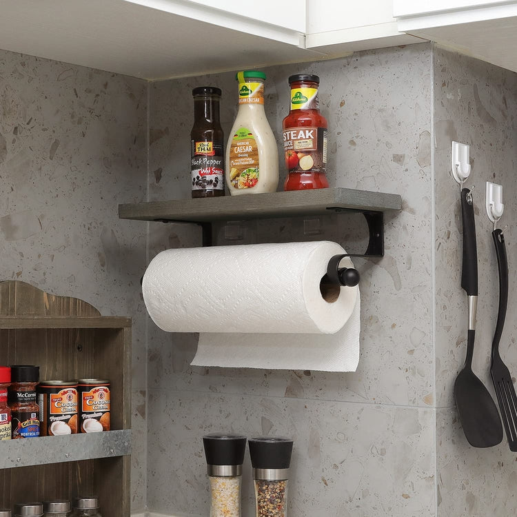 Gray Wood and Matte Black Wall Mounted Kitchen Paper Towel Holder with Top Storage Shelf-MyGift