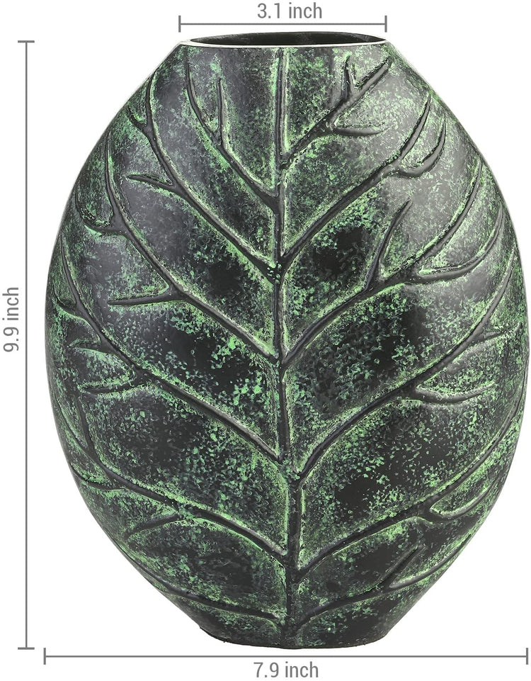 Decorative Flower Vase, Handcrafted Green Aluminum 10 Inch Tall Vase with Intricate Embossed Leaf Design-MyGift