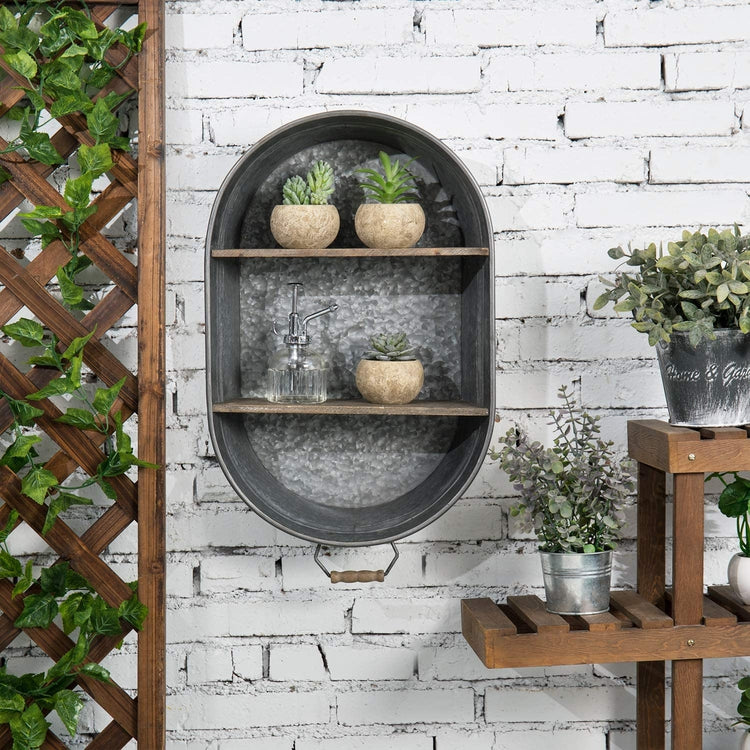Galvanized Metal Tub Wall Mounted Wooden Display Shelves-MyGift