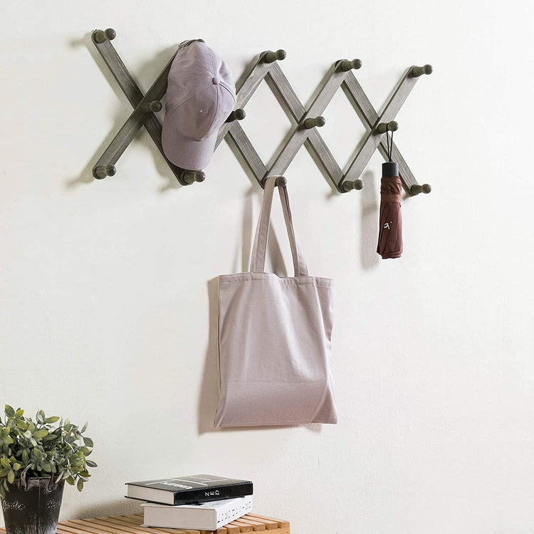 14 Hook Vintage Gray Wood Wall Mounted Expandable Coat Rack, Accordion Peg Hanger-MyGift