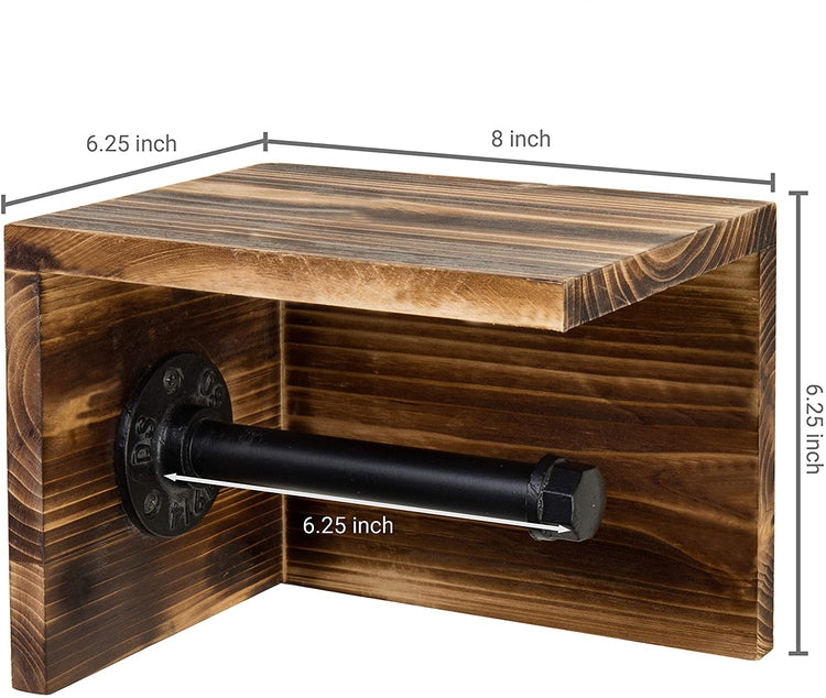 Dark Brown, Wall Mounted Wood and Pipe Toilet Paper Holder and Shelf-MyGift