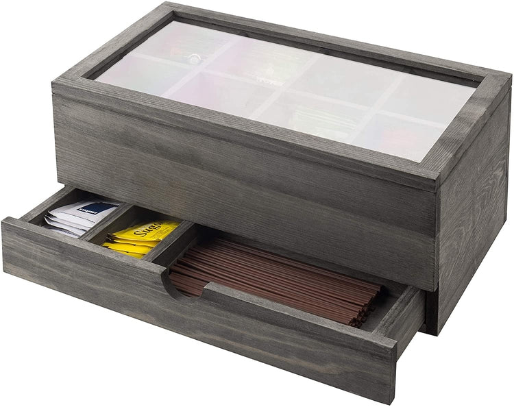 8-Slot Vintage Grey Tea Bag Storage Case with Clear Lid & Pullout Drawer-MyGift