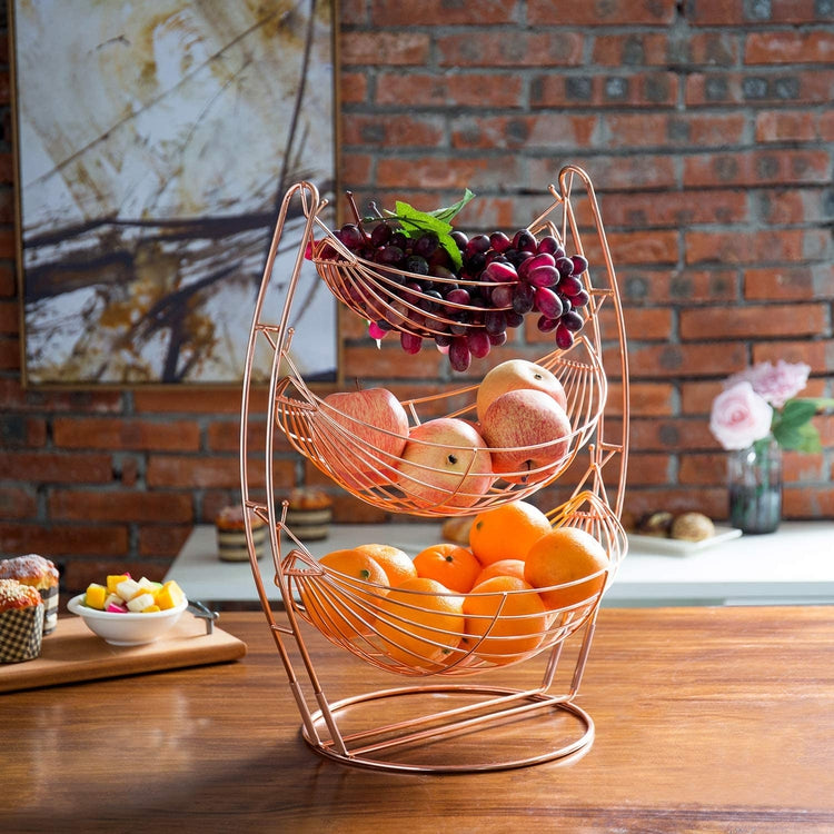 3-Tier Rose Gold-Tone Metal Hammock-Style Produce Fruit Storage Baskets-MyGift