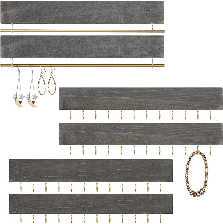 6 Piece Wall Mounted Jewelry Rack with Earring Bar and hooks, Vintage Grey Wood Organizer Set-MyGift