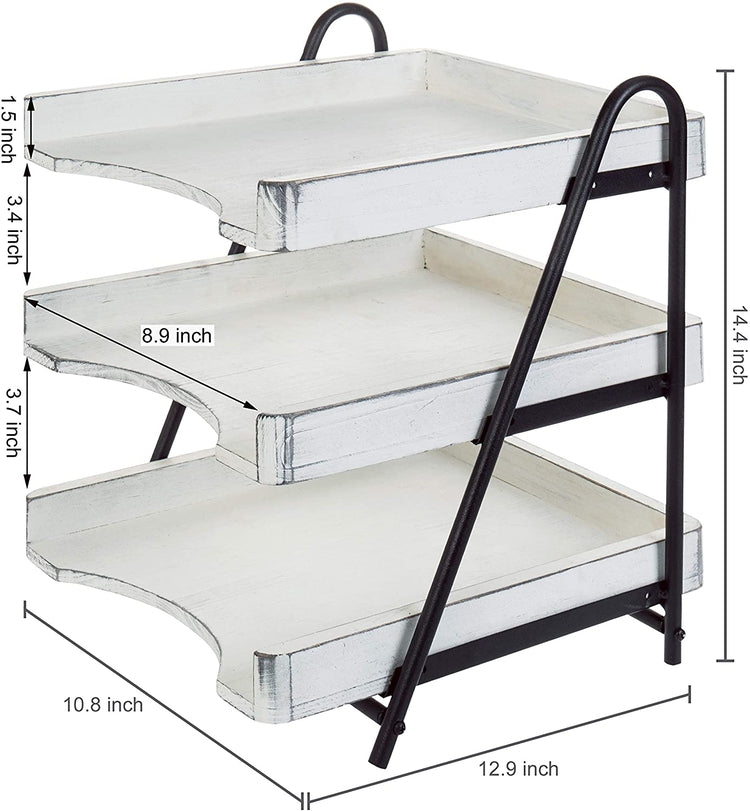 Vintage White Wood Desktop Document Tray, 3-Tier Office File Folder Rack-MyGift