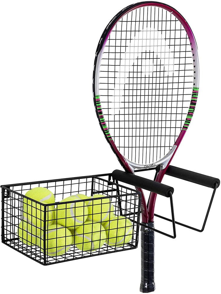 Red Tennis Racket Rack Metal Wall Mounted Metal Tennis Racket Holder with Ball Storage Basket – MyGift