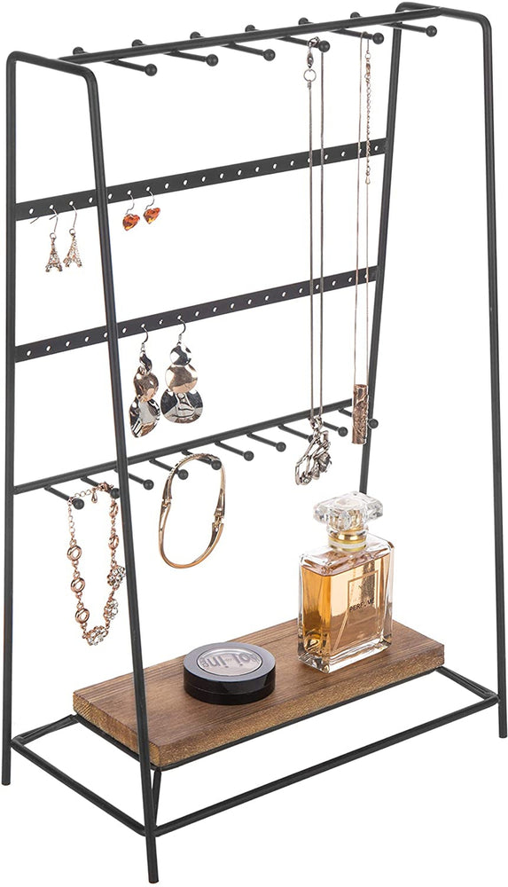 4 Tier Black Metal Jewelry Storage Stand with Wood Display Base, Necklace Organizer-MyGift