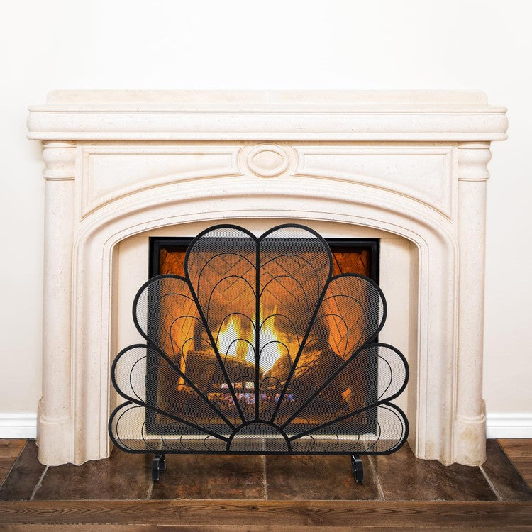 Peacock Feather Matte Black Metal Fireplace Screen on Elevated Curved Legs, Freestanding Decorative Mesh Spark Guard-MyGift