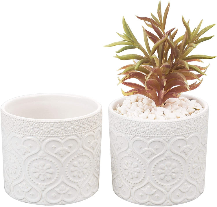 Set of 2, White 4-Inch Ceramic Floral Embossed Succulent Planter Pots-MyGift