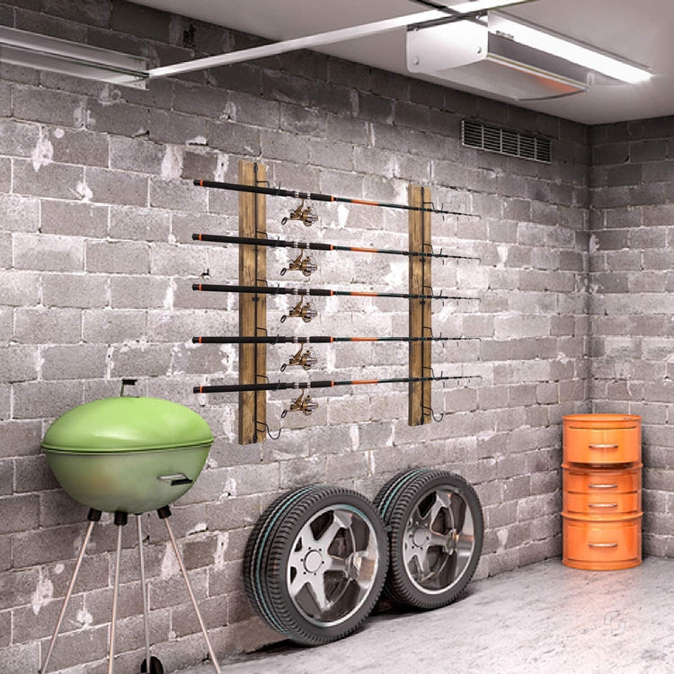 Burnt Wood & Black Metal Wall Mounted Fishing Pole and Rod Storage Rack-MyGift