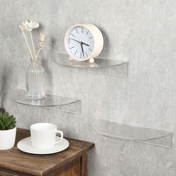 Set of 3, 10 Inch Clear Acrylic Semi-Circle Floating Display Shelves, Invisible Wall Mounted Bathroom Storage Shelves-MyGift