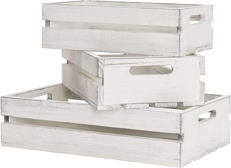 Set of 3 Vintage Whitewashed Wood 16 x 10 Inch Nesting Storage Crates with Handles-MyGift