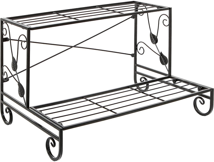 Leaf Design 2 Tier Black Metal Storage Rack, Freestanding Display Shelves with Decorative Scrollwork-MyGift