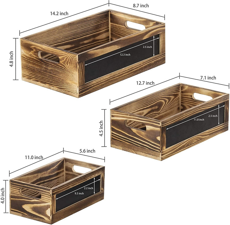 Set of 3 Rustic Burnt Wood Nesting Storage Crates with Chalkboard Panels-MyGift