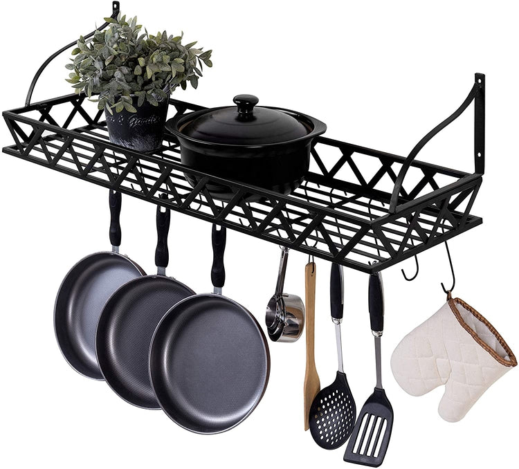 MyGift 36-Inch Wall Mounted Black Metal Kitchen Cookware Storage Rack/Floating Pot Hanger Shelf with 12 Removable Hooks