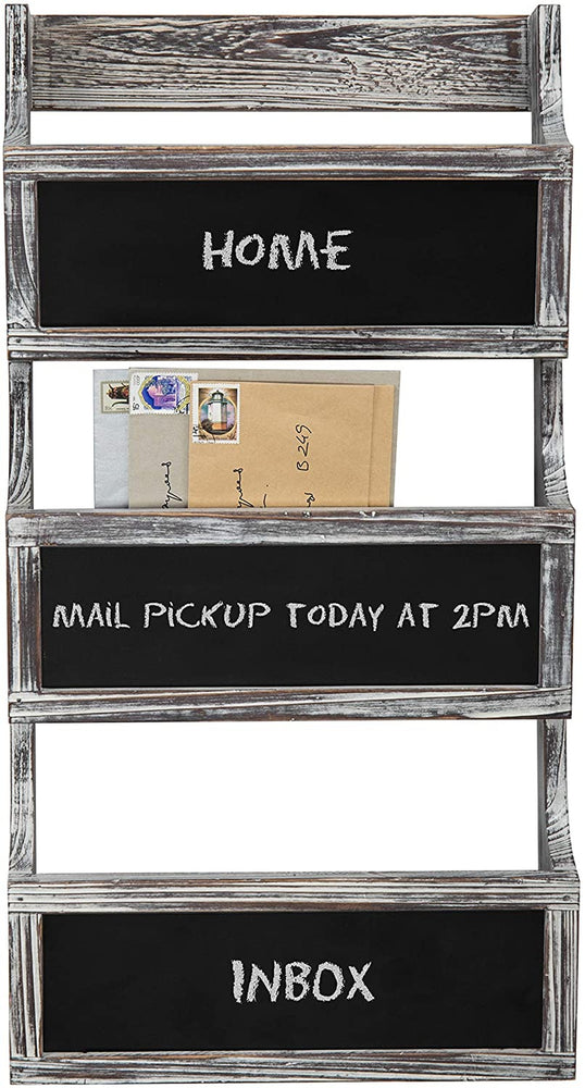 3 Slot Distressed Gray Wood Wall Mounted Mail Sorter, Magazine Rack with Chalkboard Labels-MyGift