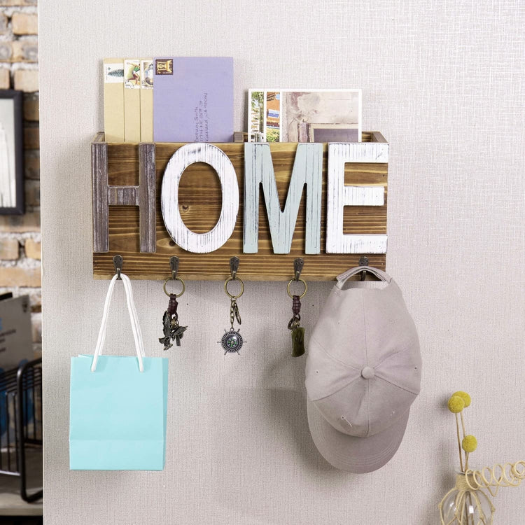 Entryway Wall Hanging Mail Holder and Key Hooks with Burnt Wood Double Section Bin and Decorative HOME Cutout Letters-MyGift