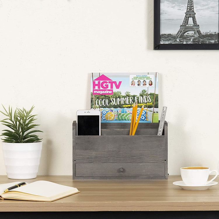 Rustic Gray Wood Desk Organizer & Office Document Storage with Pull Out Drawer-MyGift