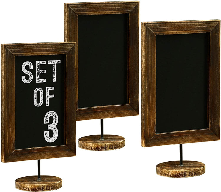 Set of 3, Rectangular Burnt Wood Frame, Countertop Chalkboard Sign with Round Base-MyGift