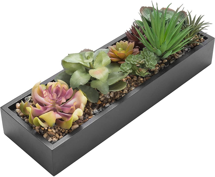 Artificial Succulent Plant Arrangement in Modern Black Wood Planter Pot-MyGift