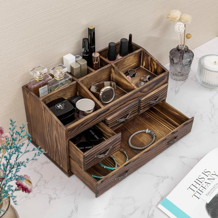 Burnt Brown Wood Vanity Organizer Rack with 4 Storage Drawers for Jewelry, Perfume, Cosmetics and Hair Accessories-MyGift