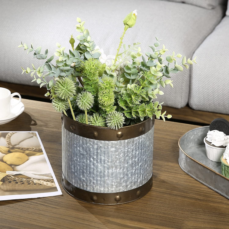 Round Cylindrical Galvanized Corrugated Metal Planter Pot with Bronze Riveted Style Rimmed Border-MyGift