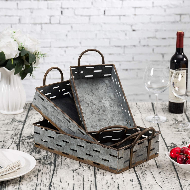 Set of 3, Galvanized Silver Metal Nesting Serving Trays with Rust Style Trim and Handles-MyGift