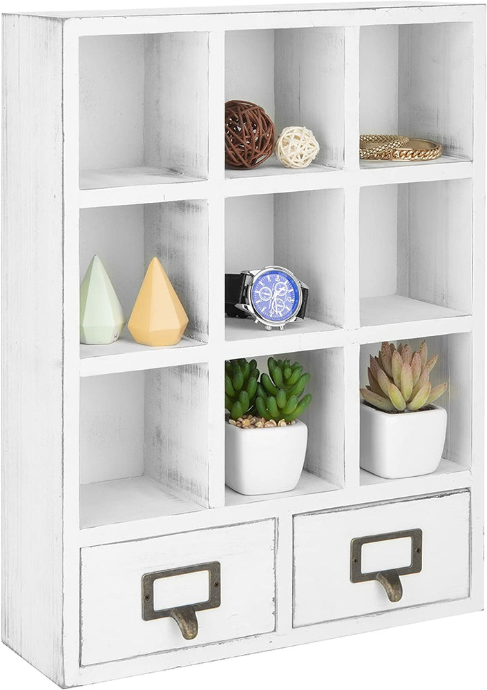 9-Slot White Wall-Mounted Shadow Box Display Shelf with 2 Pullout Drawers-MyGift
