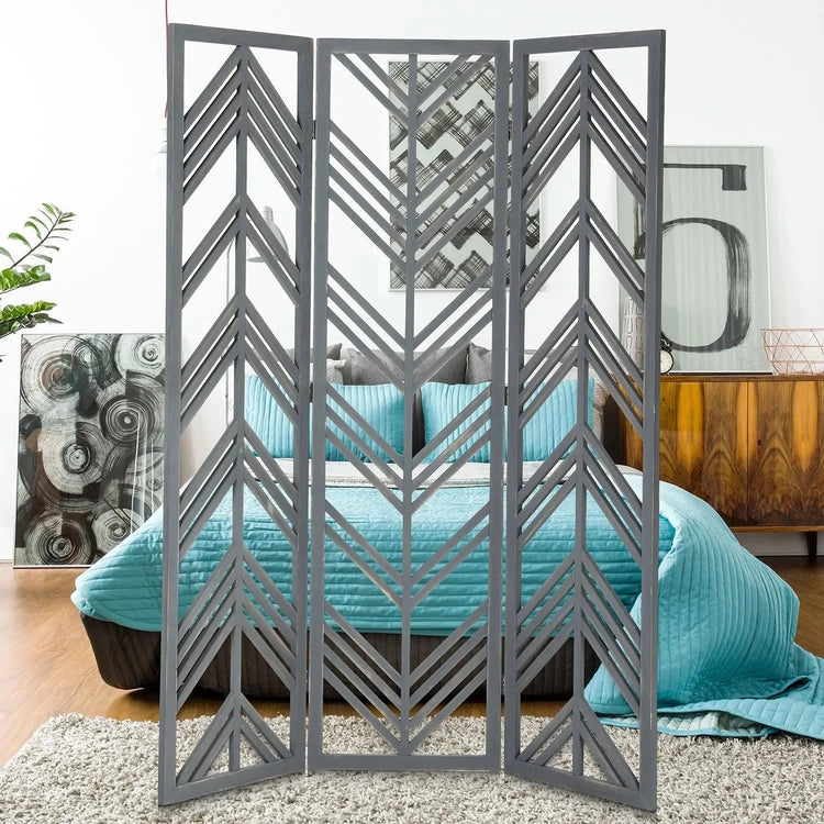 3 Panel Distressed Gray Wood Cut Out Chevron Design Room Divider, Standing Tri Fold Trellis Style Screen Partition-MyGift