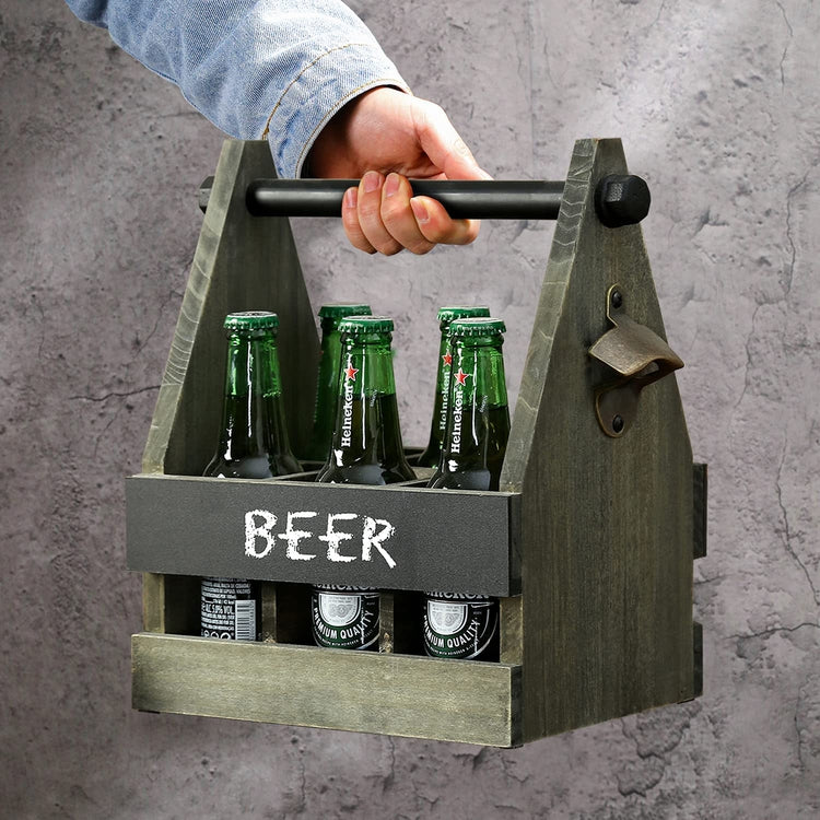 Gray Wood 6 Bottle Serving Caddy Beer Carrier with Vintage Brass Bottle Opener, Chalkboard Label-MyGift