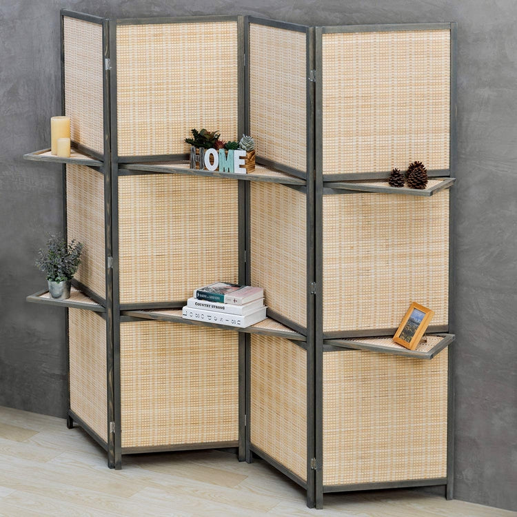 4-Panel Deluxe Woven Bamboo Dark Gray Room Divider with Removable Storage Shelves-MyGift