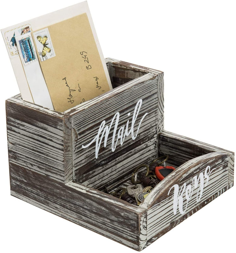 Torched Wood Tabletop Mail Organizer and Key Holder with Stylish Cursive Labels-MyGift
