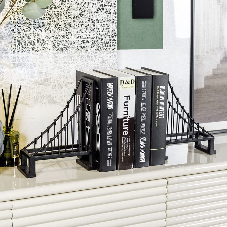 Set of 2, Decorative Bookends, Black Metal Suspension Bridge Design Bookends, Architect Book Stopper Holder Stand-MyGift