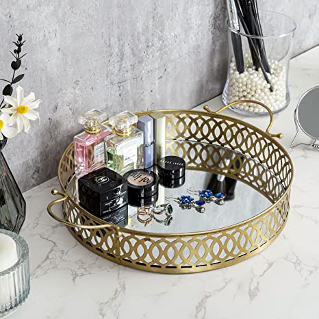 16 Inch Vintage Round Mirrored Brass Tone Metal Bathroom Vanity Tray-MyGift