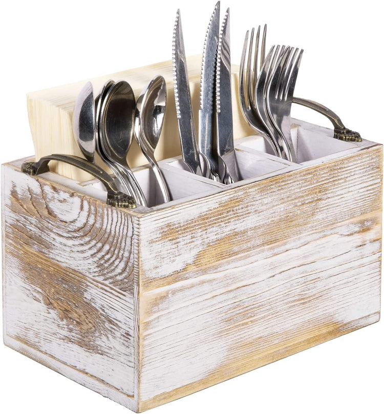White Wood Dining Utensil Caddy and Napkin Holder, 4 Compartment Flatware Serving Storage Organizer with Metal Handles-MyGift