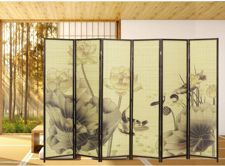 6-Panel Room Divider Wood Frame Lotus Flower Asian Style Woven Bamboo Room Divider Screen-MyGift