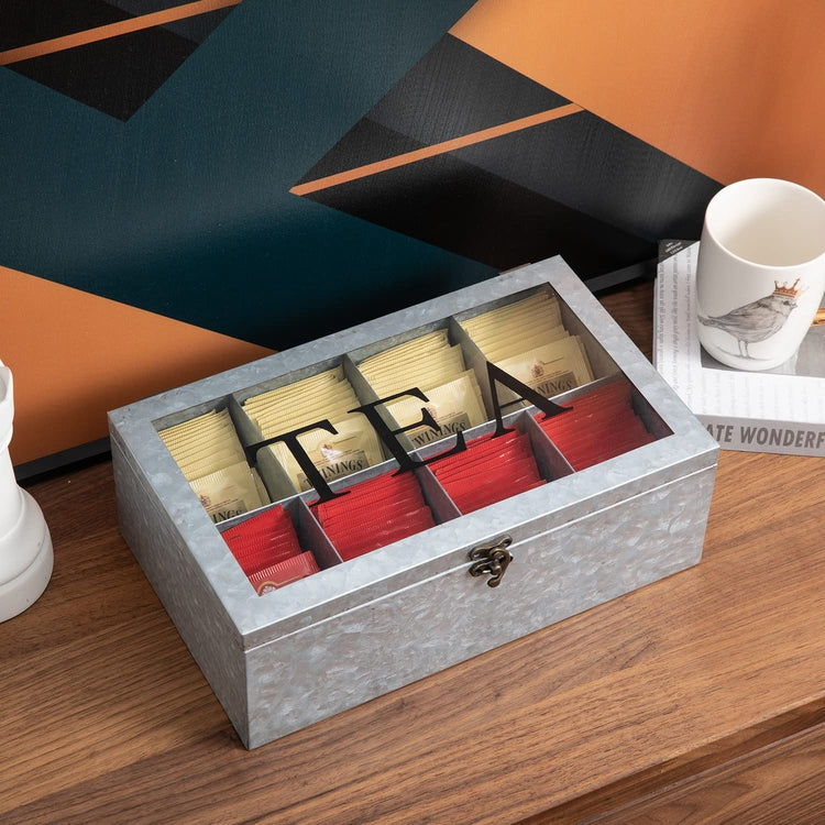 8-Compartment Galvanized Metal Tea Bag Storage Box Organizer Chest with Lid with Latch and TEA Letter Print-MyGift