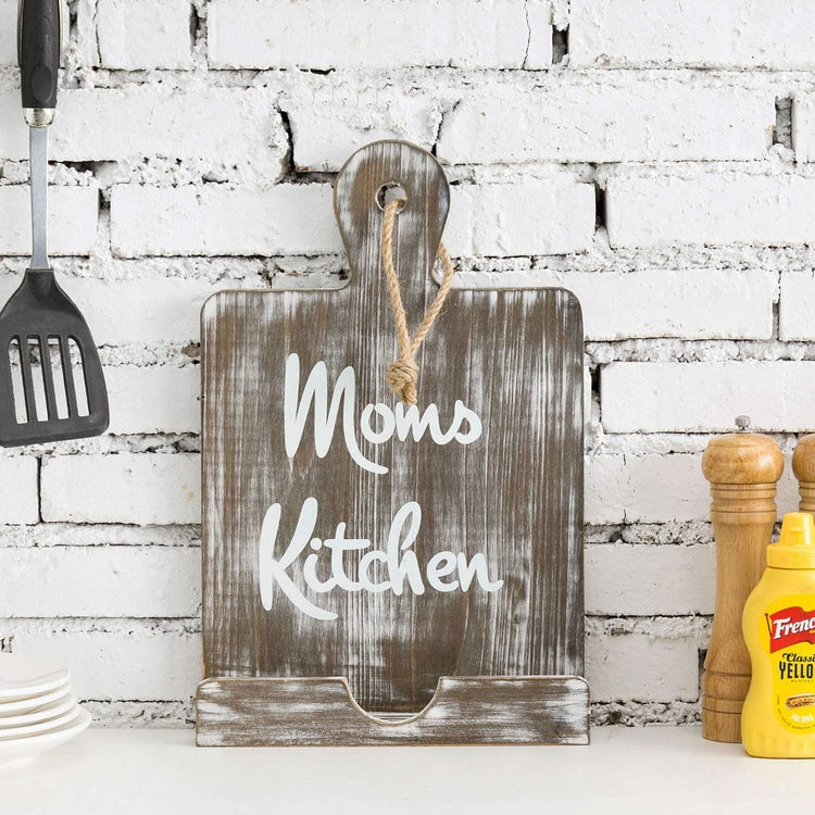Mom's Kitchen Distressed Gray on Brown Wood Cutting Board Style Cookbook Holder Stand with Decorative Rope-MyGift