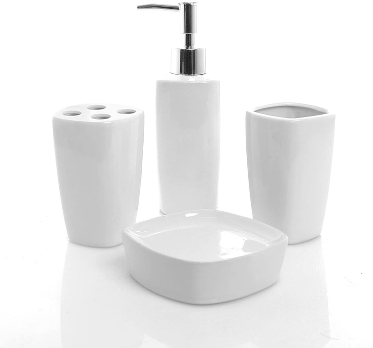 4 Piece White Ceramic Bathroom Set, Pump Soap Dispenser, Toothbrush Holder, Tumbler Cup & Soap Dish-MyGift