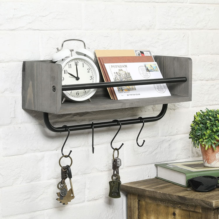 Gray Wood Wall Mounted Floating Display Shelf with Black Metal Hanger Holder Bar with 4 Utility Hooks-MyGift