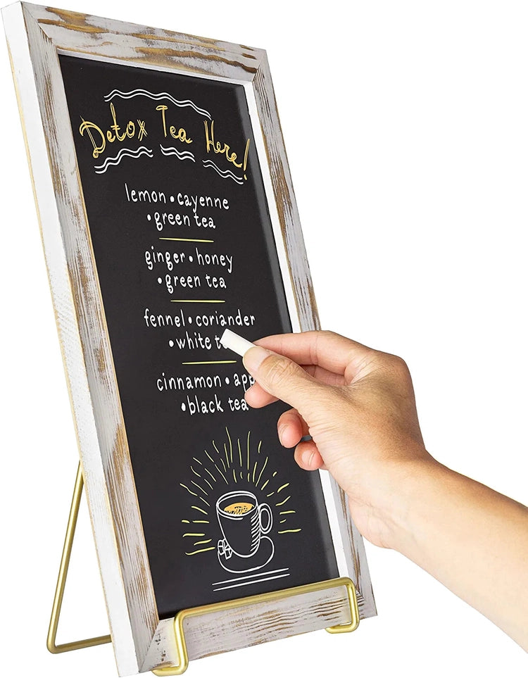 Whitewashed Wood Frame Chalkboard Sign with Brass Tone Metal Easel Stand, Tabletop Wedding, Event Message Board-MyGift