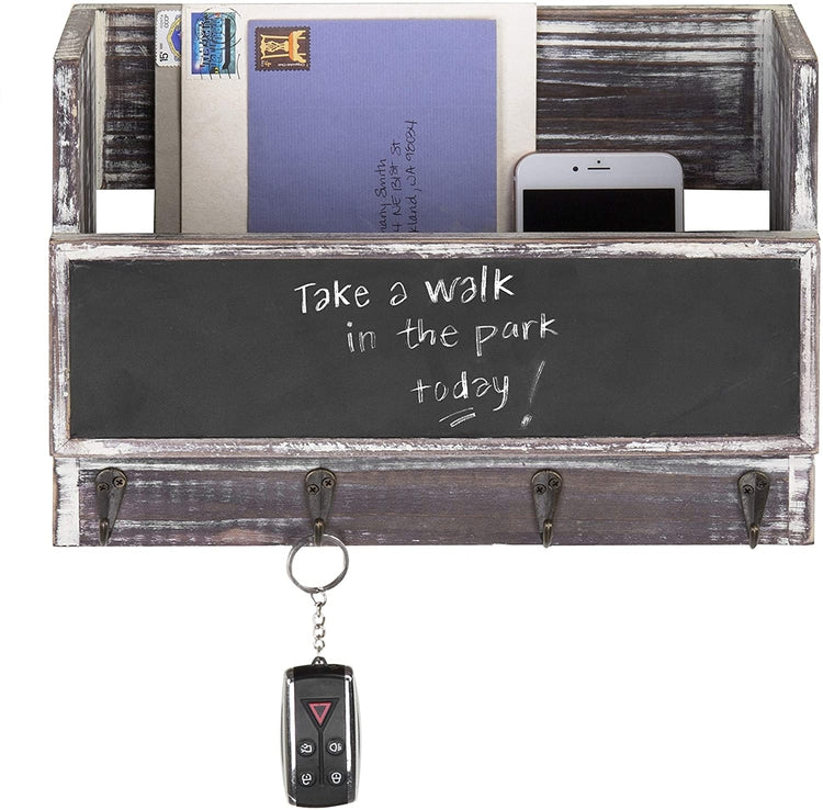 Torched Wood Mail Holder Office Organizer with 4 Key Hooks & Wall Mounted Chalkboard-MyGift