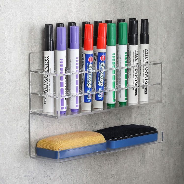 16 Slot Wall Mounted Clear Acrylic Dry Erase Whiteboard Marker Holder with Eraser Storage Shelf-MyGift