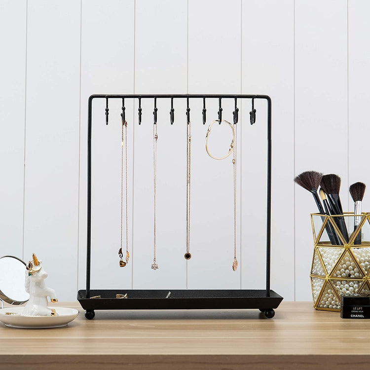 Tabletop Black Metal Jewelry Display Stand with 20 Necklace Hook and Ring & Bracelet Tray-MyGift