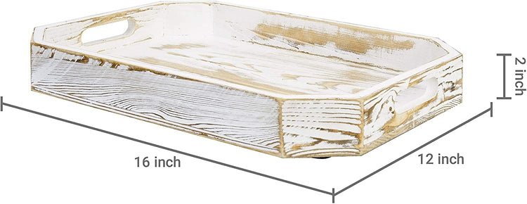 Whitewashed Wood Breakfast Serving Tray with Handles and Angled Corners-MyGift