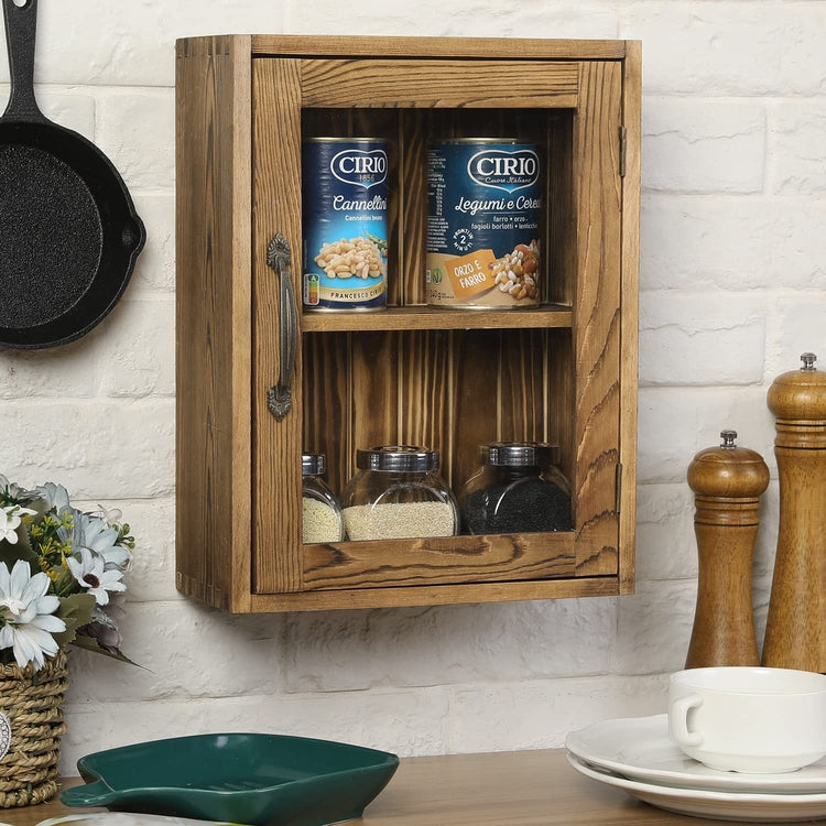Burnt Wood Curio Cabinet, Wall Mounted Wooden Collectible Display Shelves and Case with Clear Acrylic Panel Door-MyGift