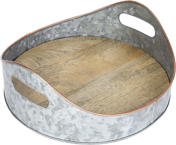 Silver Galvanized Metal Large Oval Serving Tray, Mango Wood Base and Brass Sloping Rim, Farmhouse Tray Decor-MyGift