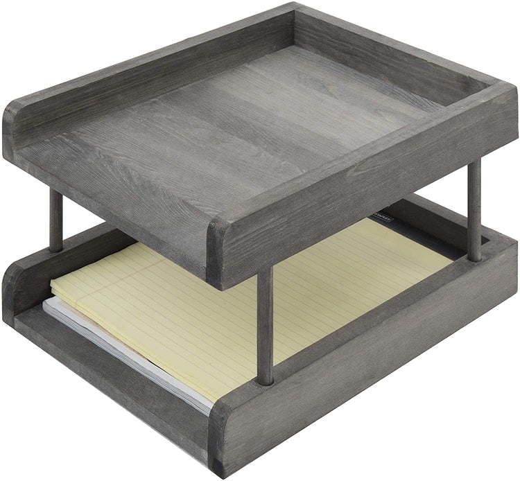 2-Tier Rustic Grey Wood Paper File Organizer Tray, Office Desktop Document Holder-MyGift