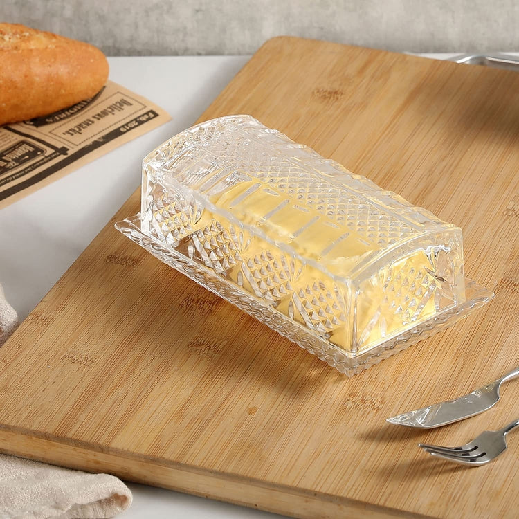 Embossed Diamond Pattern Clear Glass Rectangular Covered Butter Dish Storage Tray with Cover Lid-MyGift