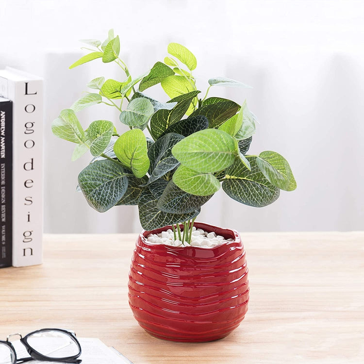 5.5 Inch Red Ceramic Wavy Design Flower Planter, Decorative Centerpiece Vase-MyGift